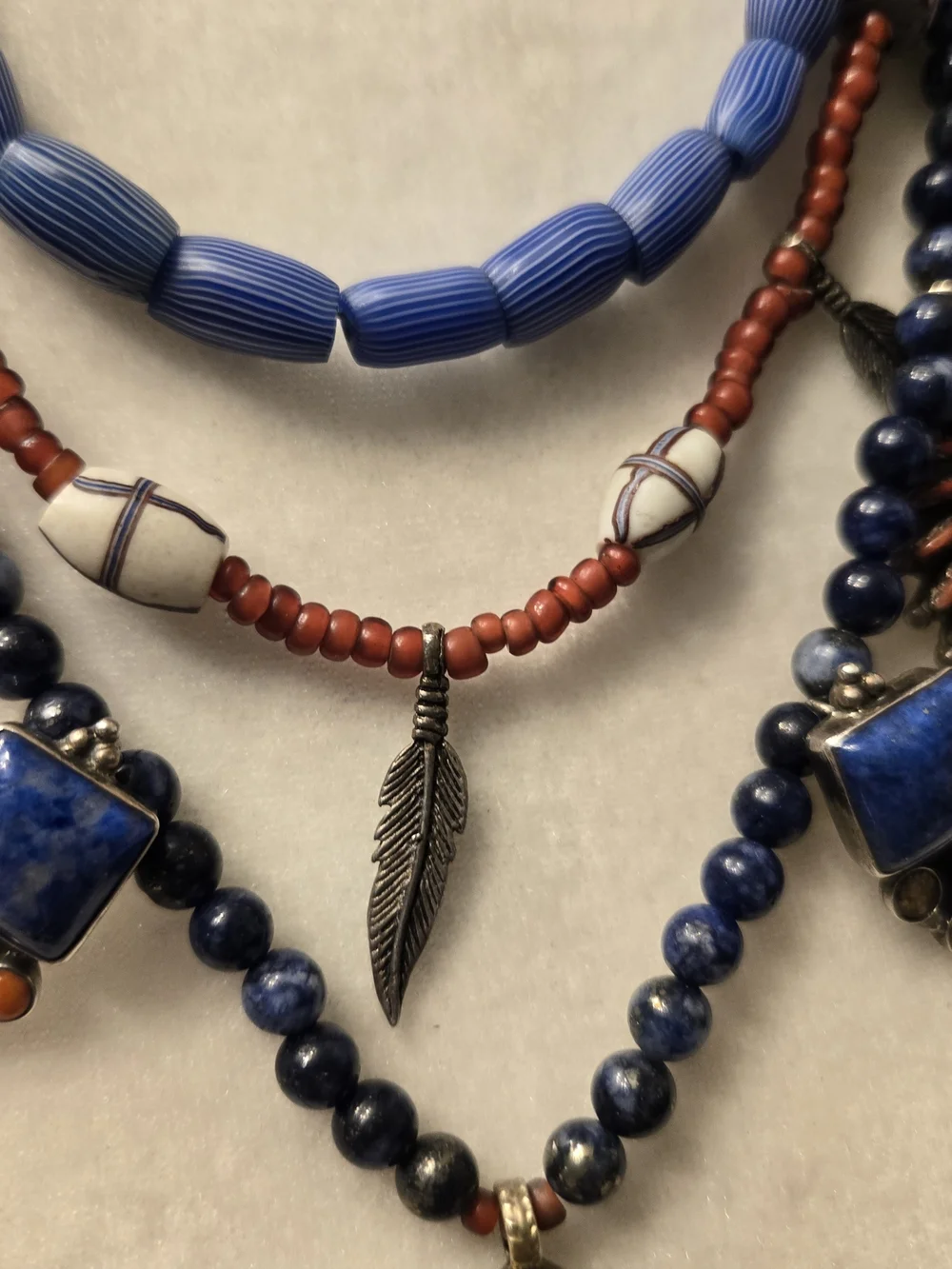 Vintage 925 Tasco Layered Blue & Coral Beaded Cross Necklace - Unbranded